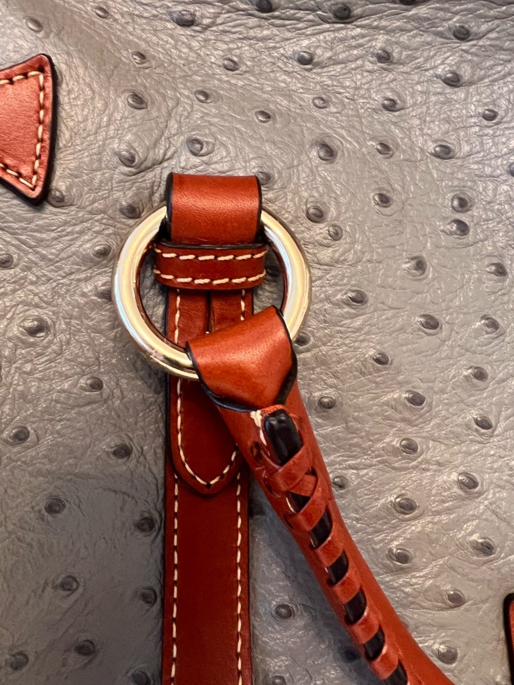 Dooney & Bourke Ostrich Embossed Satchel Gray Tassel Bag Brown Trim Gold Hardwar - Picture 3 of 16